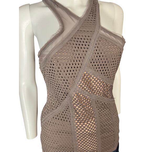 BCBG Maxazria Katlin Grey Taupe Mesh Overlay Tank Top Blouse Size Small - Picture 3 of 7